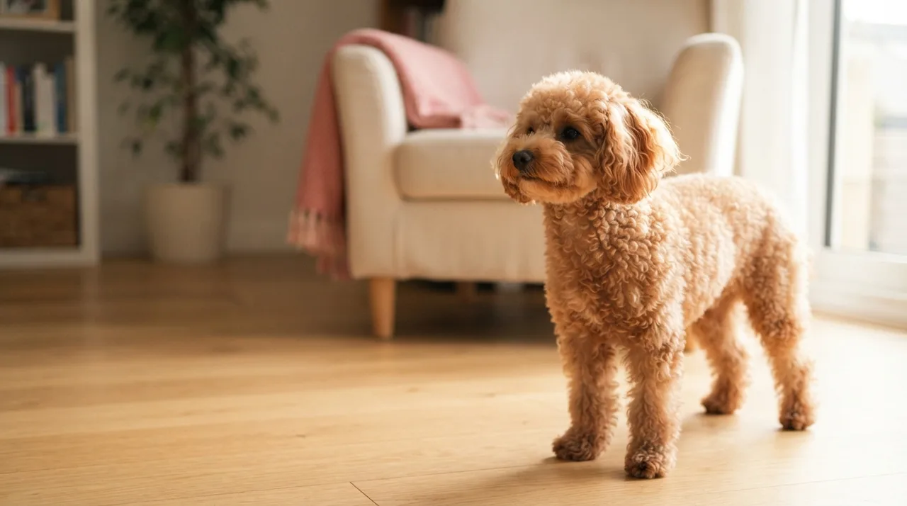 Apricot Toy Poodle standing in a Singapore living room, the smallest of the three Poodle sizes