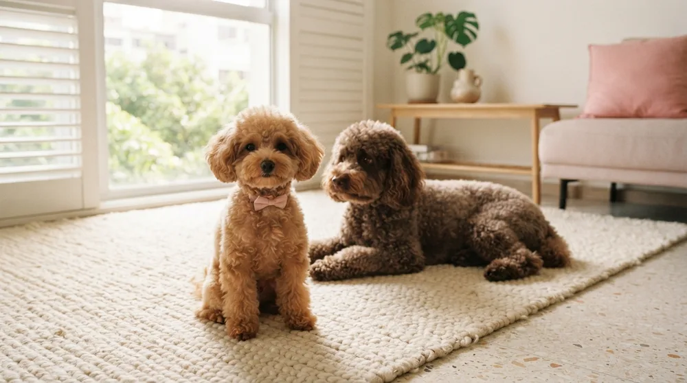 Two Poodles of different sizes together in a Singapore flat, a Toy Poodle and a larger brown Poodle