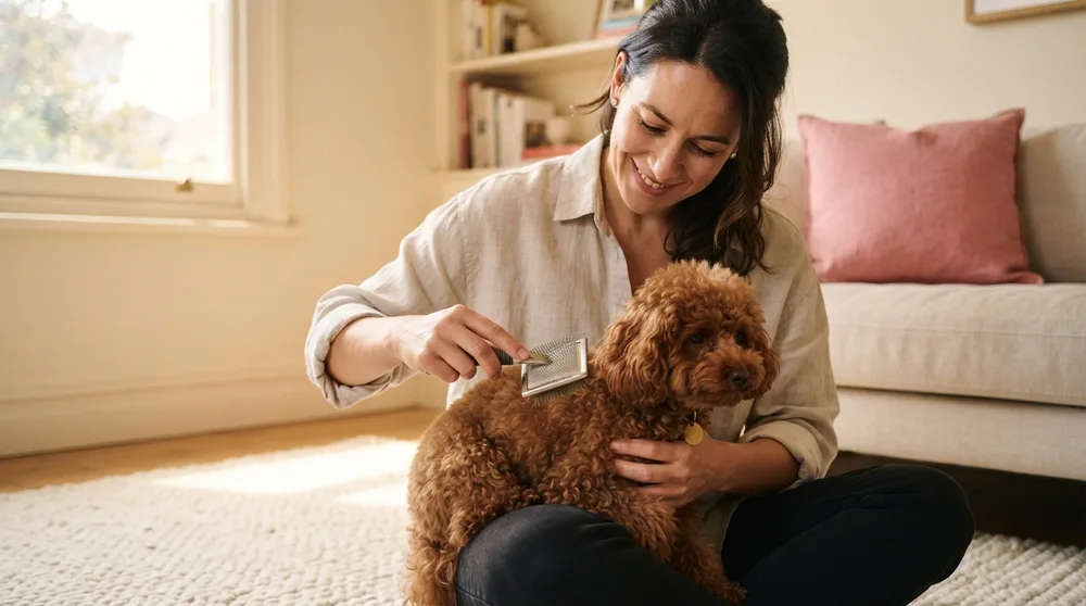 Line-brushing the curly coat of a red Toy Poodle at home in Singapore
