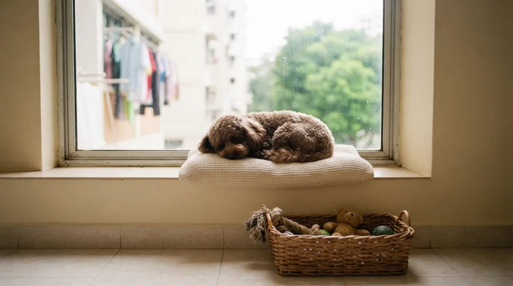 Toy Poodle asleep on a cushion at an HDB flat window in Singapore